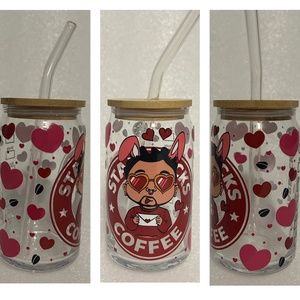 Bad Bunny Inspired Starbucks Coffee Glass Libby Cup w/ Lid and Glass Straw- 16oz